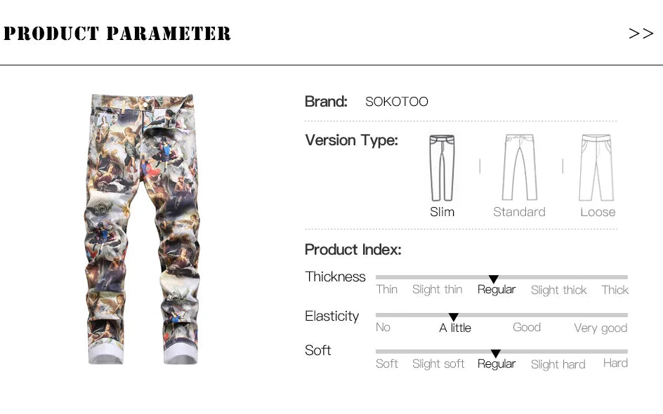 Men Classical Painting Print Jeans Fashion Angel Immortal Stretch Pants Streetwear Plus Size Printed Slim Tapered Denim Trousers