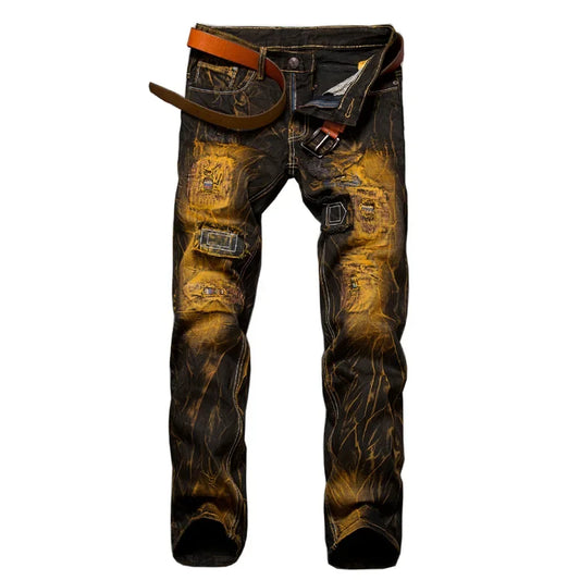 New Patchwork Ripped Casual Jeans Men's Street Wear Retro Distressed Motorcycle Slim Fit Straight Fashion Denim Trousers Male