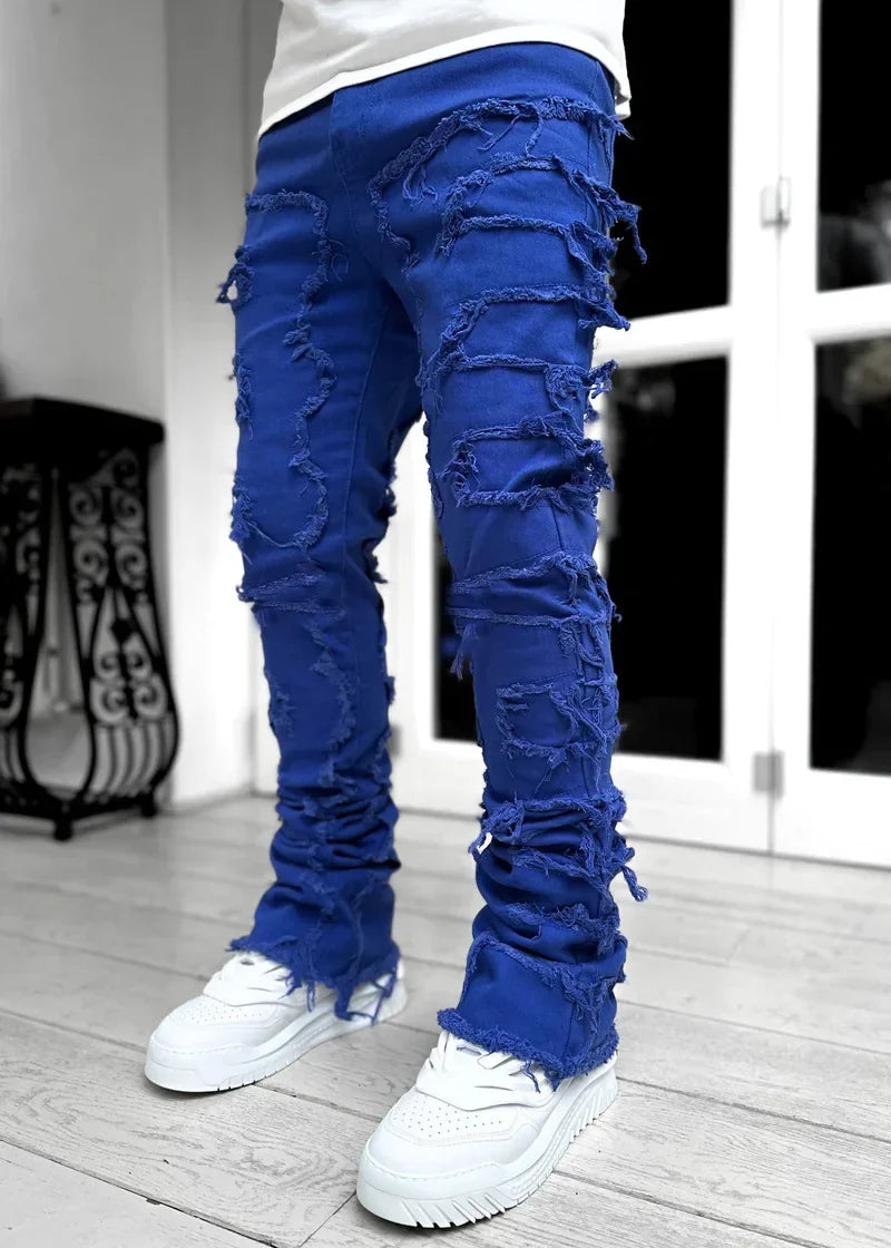 Stretchy Vintage Blue Stacked Jeans For Men Premium Raw Frayed Denim Destroyed Washed Patchworks Pants New
