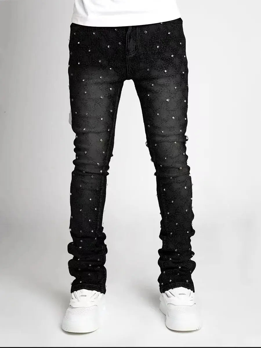 Blue Stretchy Pearls Skinny Jeans For Men 2024 New Fashion Fashion Rhinestone European Street Personality Stacked Denim Pants