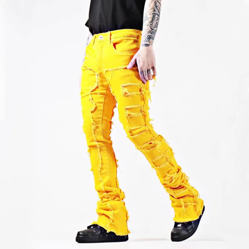 Kakan - New European and American Heavyweight Streetwise Stretch Patch Jeans for Men, High Street Straight Fit Long Jeans16-3001