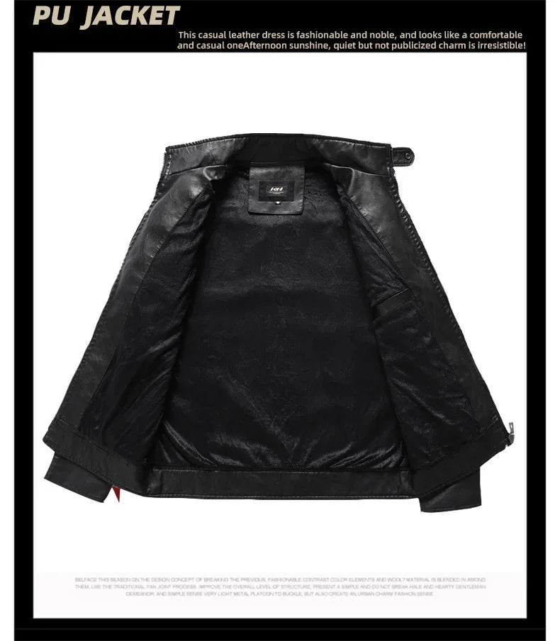 New Winter Mens Leather Jacket High Quality Standing Collar Warm Wool Lining Motorcycle Coat Male Slim Fit Retro Casual Jackets