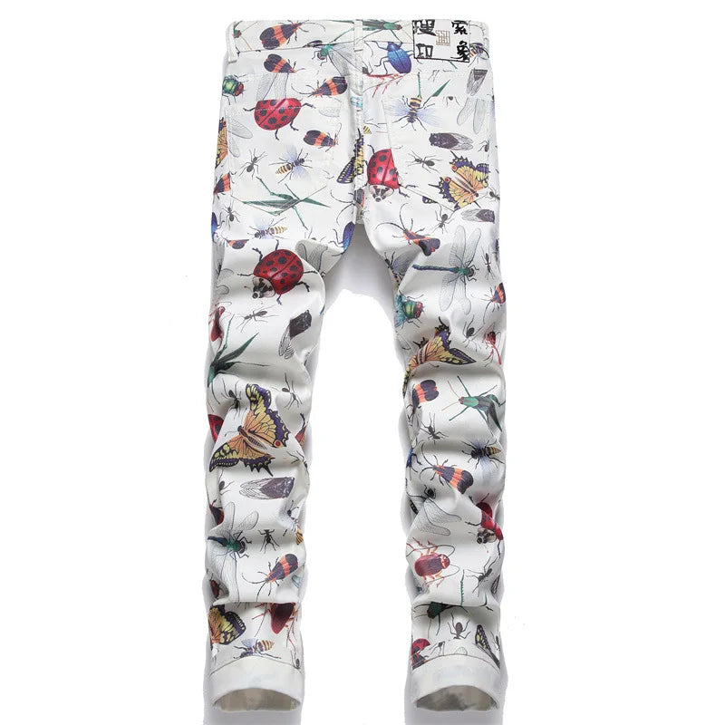 White pants with a colorful insect pattern on a white background