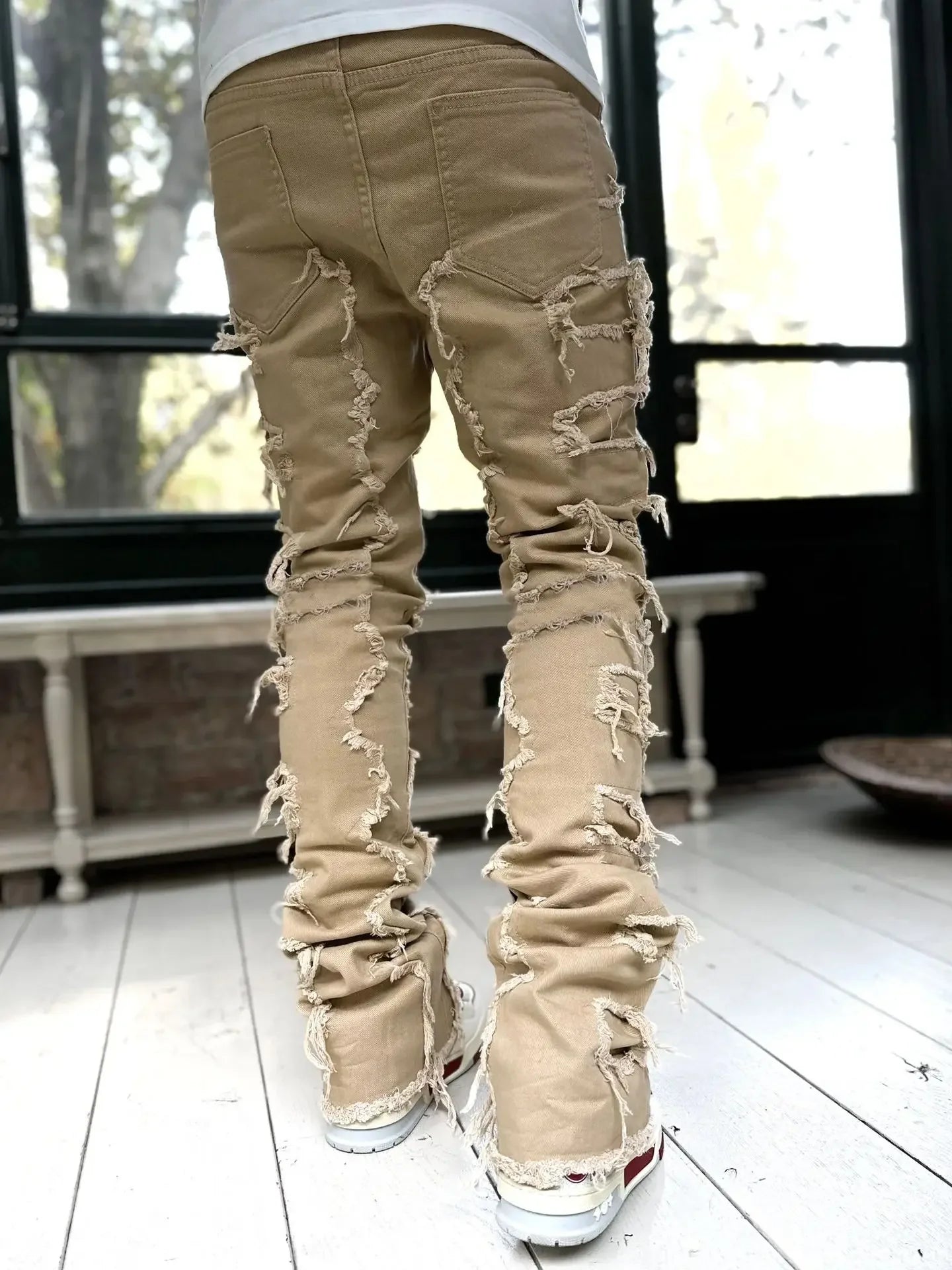 Stretchy Vintage Blue Stacked Jeans For Men Premium Raw Frayed Denim Destroyed Washed Patchworks Pants New