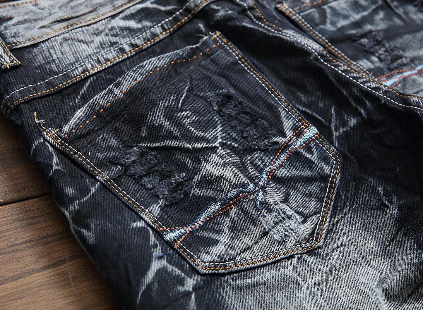 New Patchwork Ripped Casual Jeans Men's Street Wear Retro Distressed Motorcycle Slim Fit Straight Fashion Denim Trousers Male