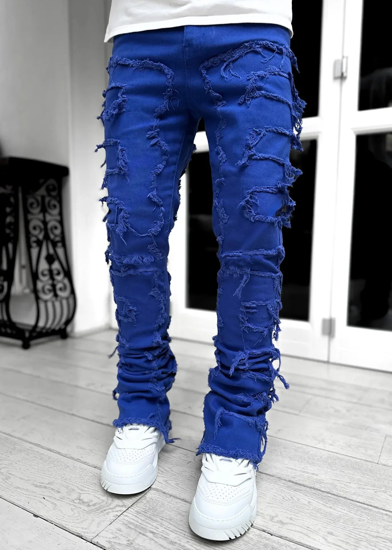 Stretchy Vintage Blue Stacked Jeans For Men Premium Raw Frayed Denim Destroyed Washed Patchworks Pants New