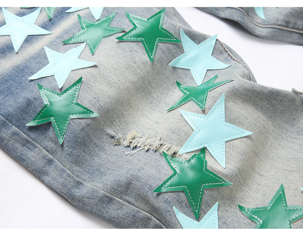 Men Leather Stars Patch Denim Jeans Streetwear Slim Tapered Pants Holes Ripped Distressed Stretch Cotton Trousers