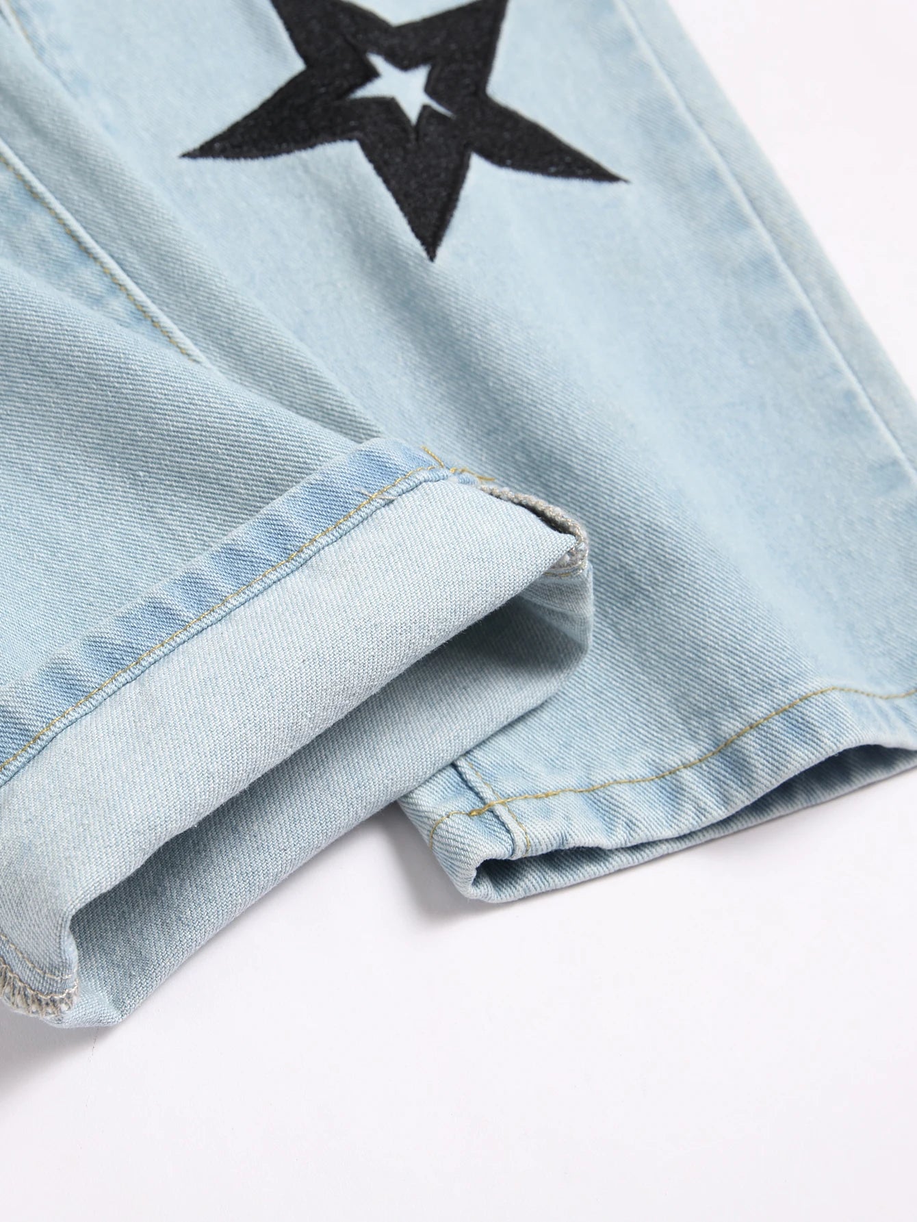 Y2K Men's Embroidered Star Blue Jeans Low Rise Straight Leg Distressed Ripped Streetwear Denim Pants Hip Hop