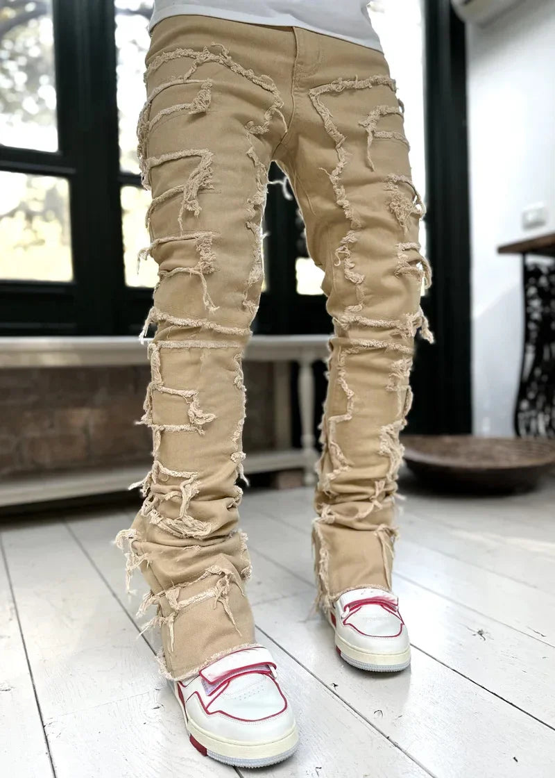 Stretchy Vintage Blue Stacked Jeans For Men Premium Raw Frayed Denim Destroyed Washed Patchworks Pants New