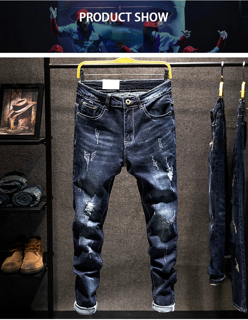2025 New Ripped Jeans Men Slim-fit Denim Pants Cotton Korean Style Fashion Elasticity Versatile Blue Black Men's Clothing