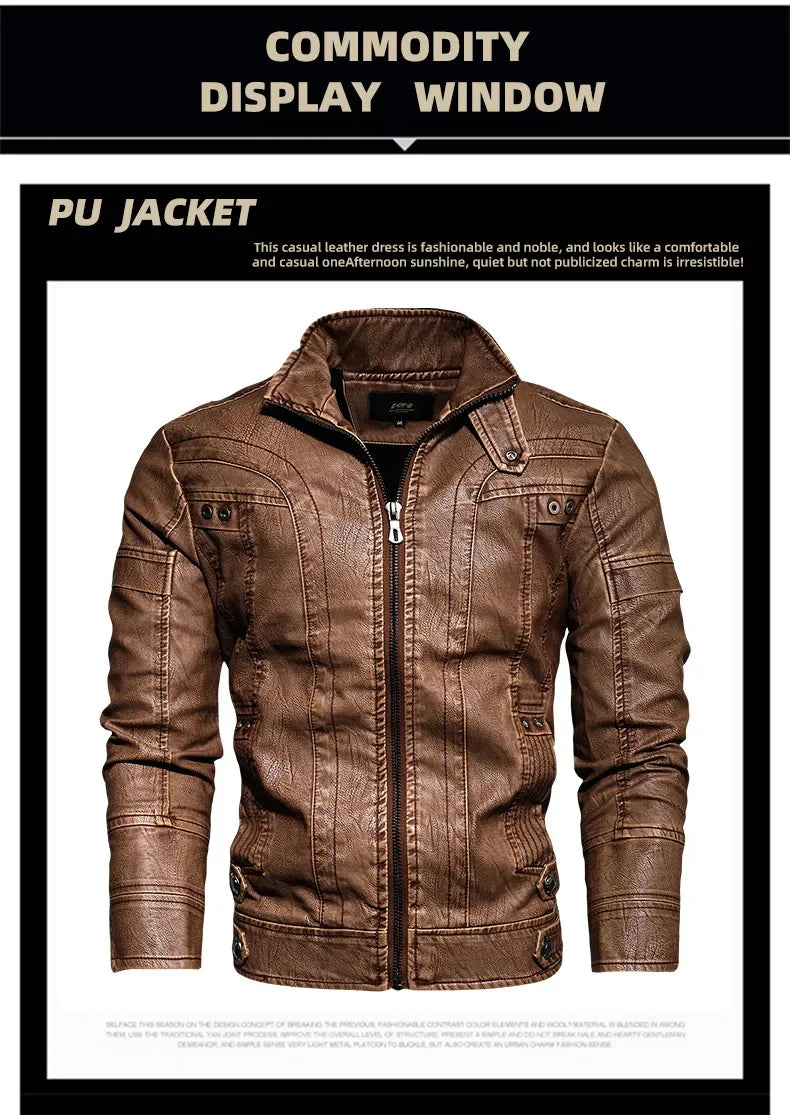 New Winter Mens Leather Jacket High Quality Standing Collar Warm Wool Lining Motorcycle Coat Male Slim Fit Retro Casual Jackets