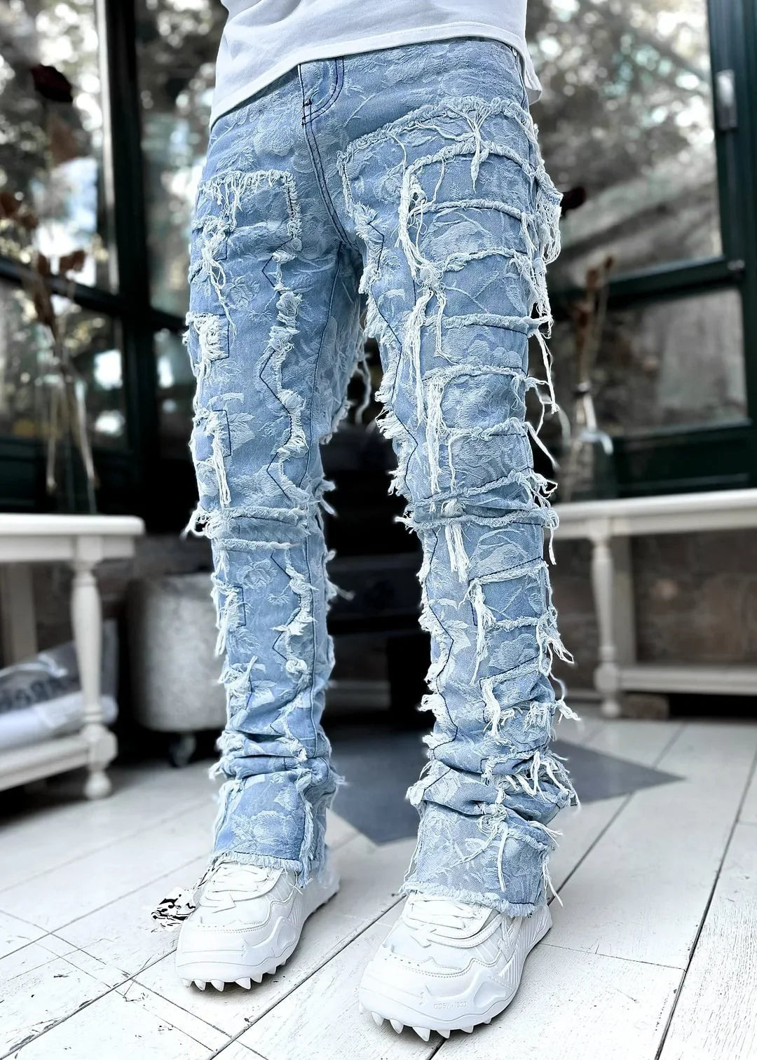 Stretchy Vintage Blue Stacked Jeans For Men Premium Raw Frayed Denim Destroyed Washed Patchworks Pants New