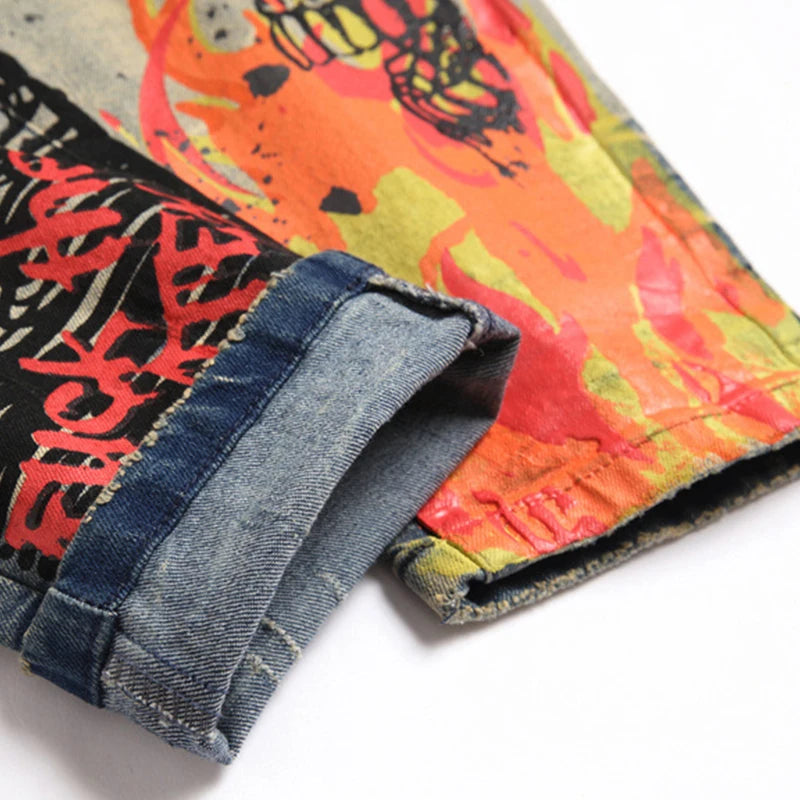 2024 new Men's jeans 3373 Vintage blue jeans ripped trend stretch slim skull pants all men's pants