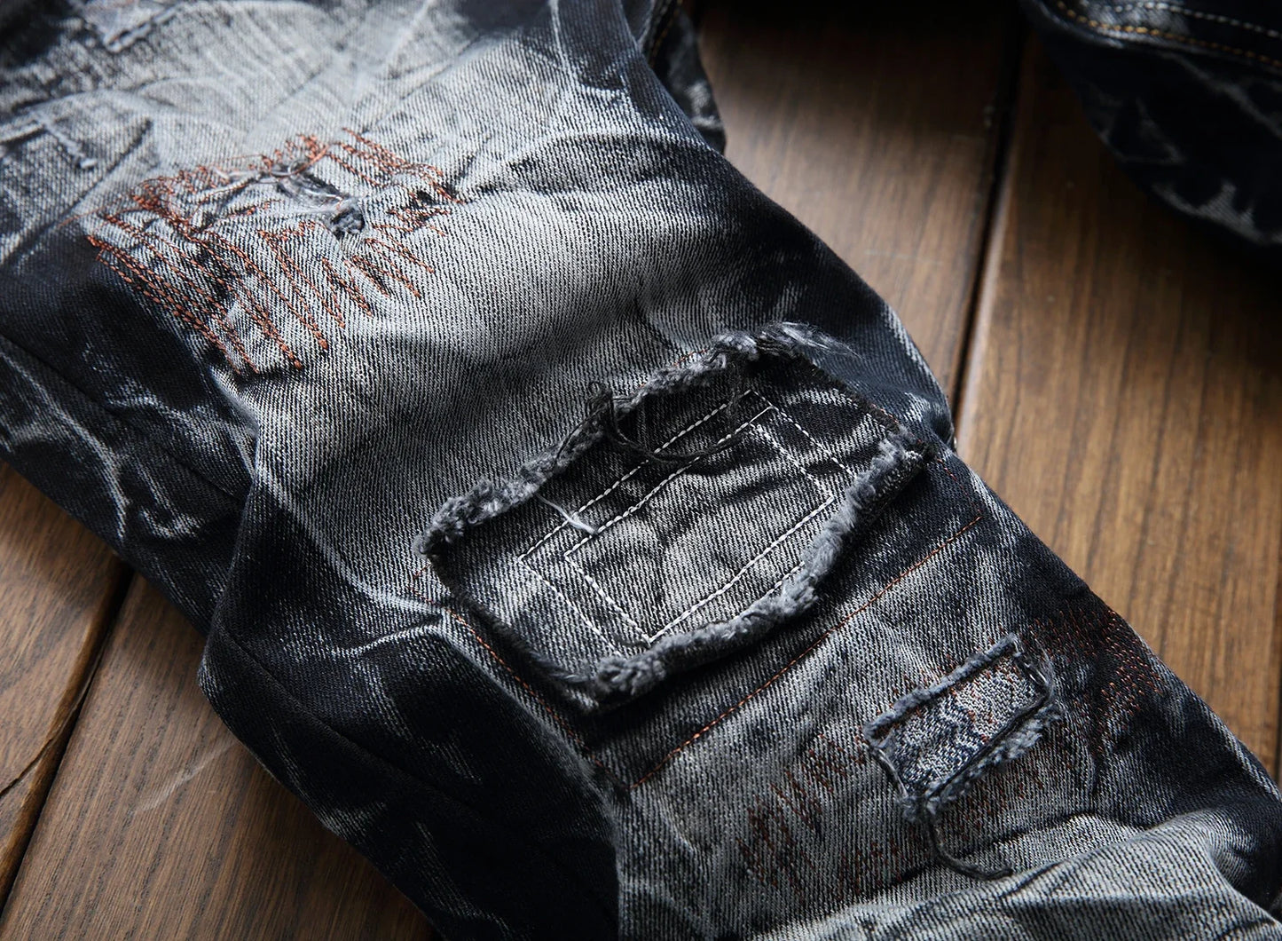 New Patchwork Ripped Casual Jeans Men's Street Wear Retro Distressed Motorcycle Slim Fit Straight Fashion Denim Trousers Male
