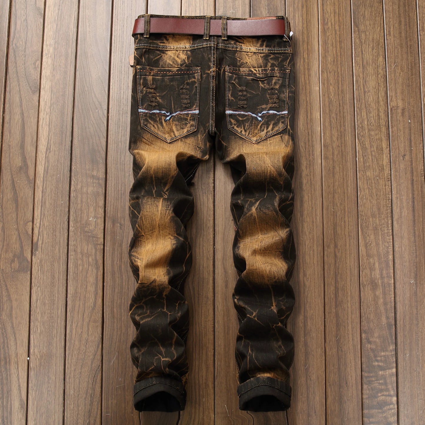 New Patchwork Ripped Casual Jeans Men's Street Wear Retro Distressed Motorcycle Slim Fit Straight Fashion Denim Trousers Male