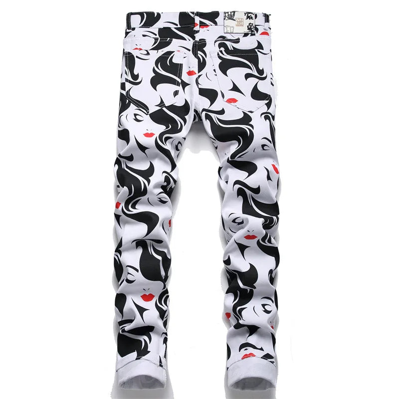 White pants with black abstract designs and red accents on a white background