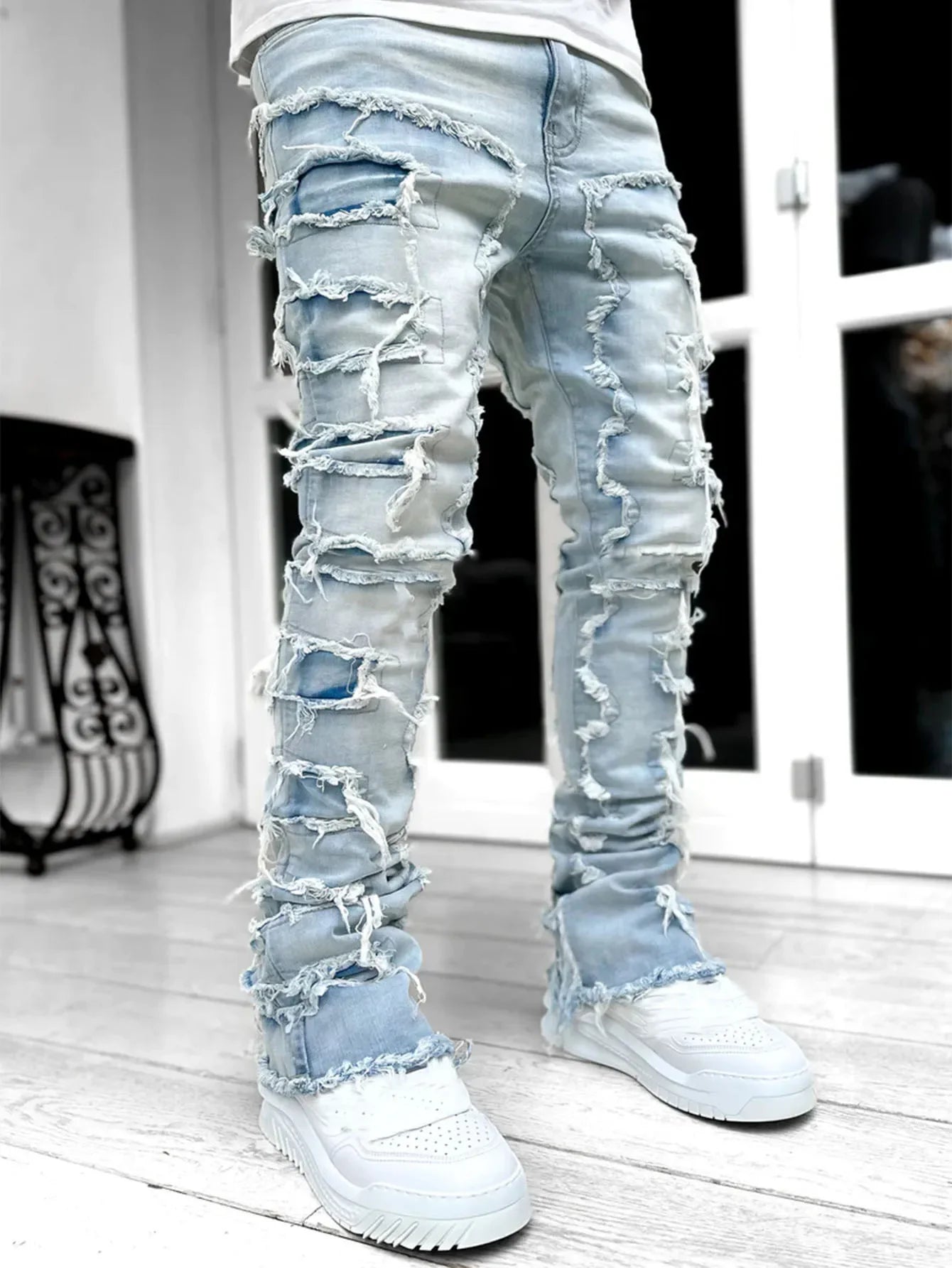 Stretchy Vintage Blue Stacked Jeans For Men Premium Raw Frayed Denim Destroyed Washed Patchworks Pants New