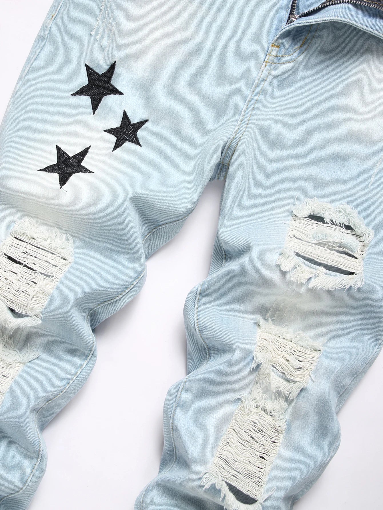 Y2K Men's Embroidered Star Blue Jeans Low Rise Straight Leg Distressed Ripped Streetwear Denim Pants Hip Hop