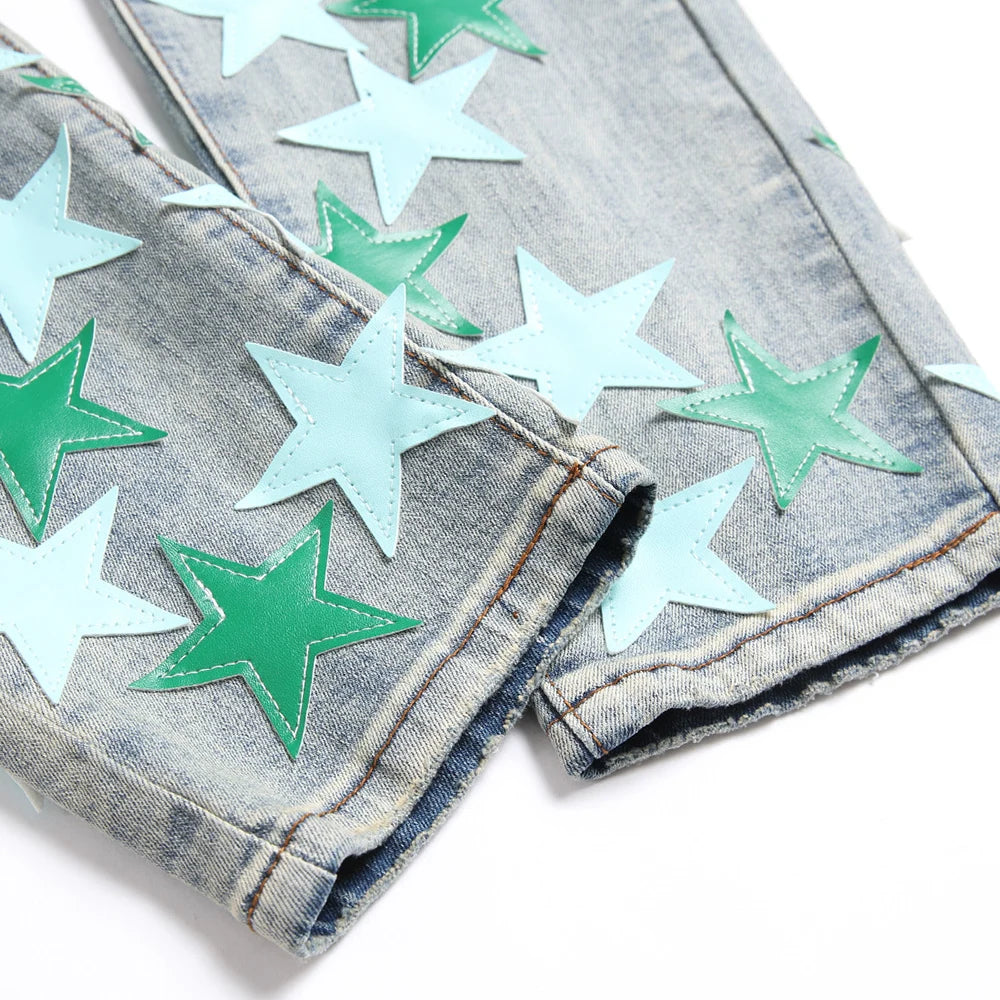 Men Leather Stars Patch Denim Jeans Streetwear Slim Tapered Pants Holes Ripped Distressed Stretch Cotton Trousers