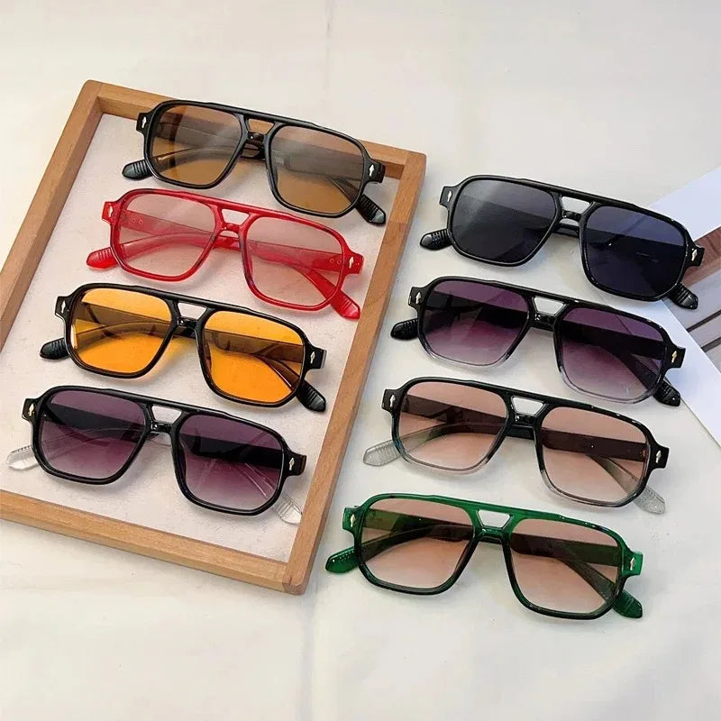 Vintage Double Bridges Men Square Sunglasses Fashion Green Ocean Lens UV400 Eyewear Women Trending Rivets Sun Glasses