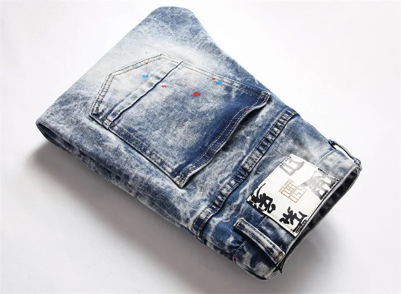 Men's jeans 3286 style Punk fried snow ripped applique fabric embroidery micro elastic small straight fit men's jeans
