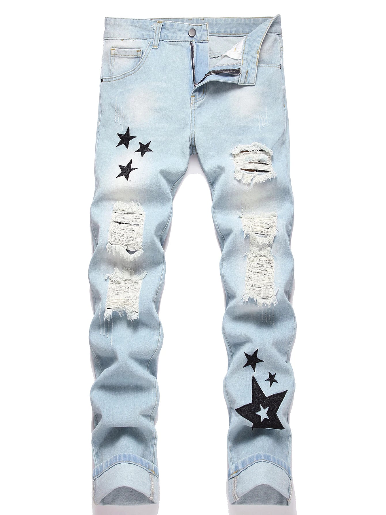 Y2K Men's Embroidered Star Blue Jeans Low Rise Straight Leg Distressed Ripped Streetwear Denim Pants Hip Hop