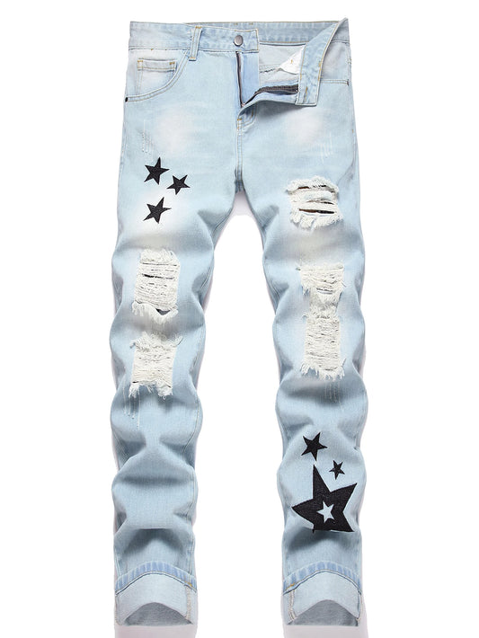 Y2K Men's Embroidered Star Blue Jeans Low Rise Straight Leg Distressed Ripped Streetwear Denim Pants Hip Hop