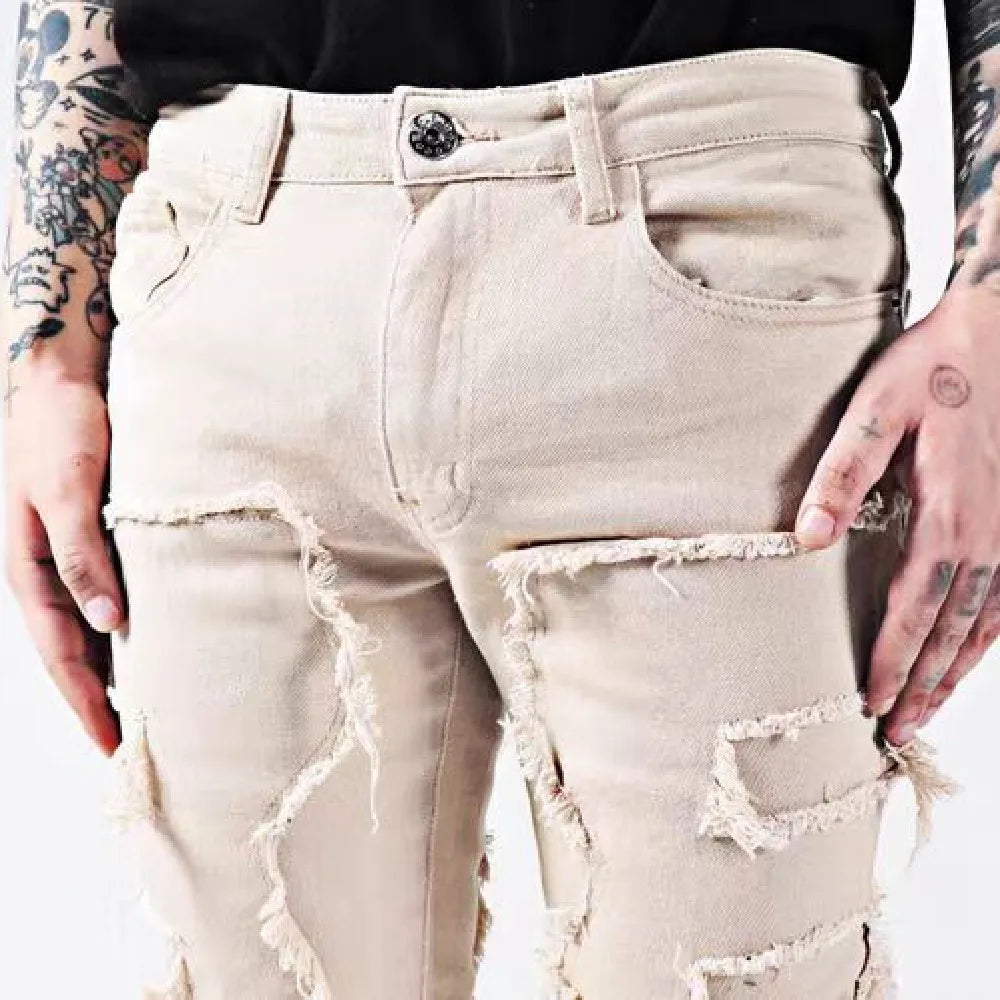 Kakan - New European and American Heavyweight Streetwise Stretch Patch Jeans for Men, High Street Straight Fit Long Jeans16-3001