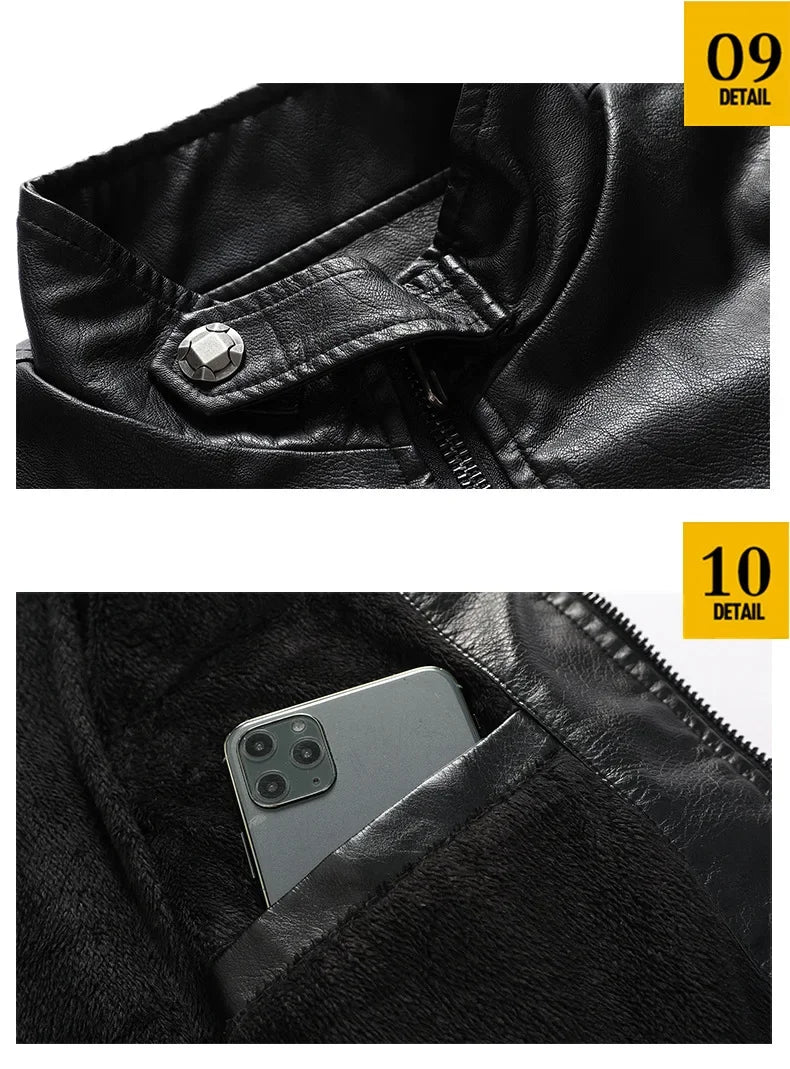 New Winter Mens Leather Jacket High Quality Standing Collar Warm Wool Lining Motorcycle Coat Male Slim Fit Retro Casual Jackets