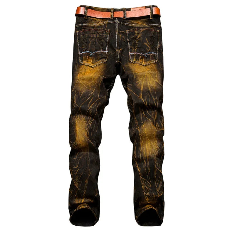 New Patchwork Ripped Casual Jeans Men's Street Wear Retro Distressed Motorcycle Slim Fit Straight Fashion Denim Trousers Male