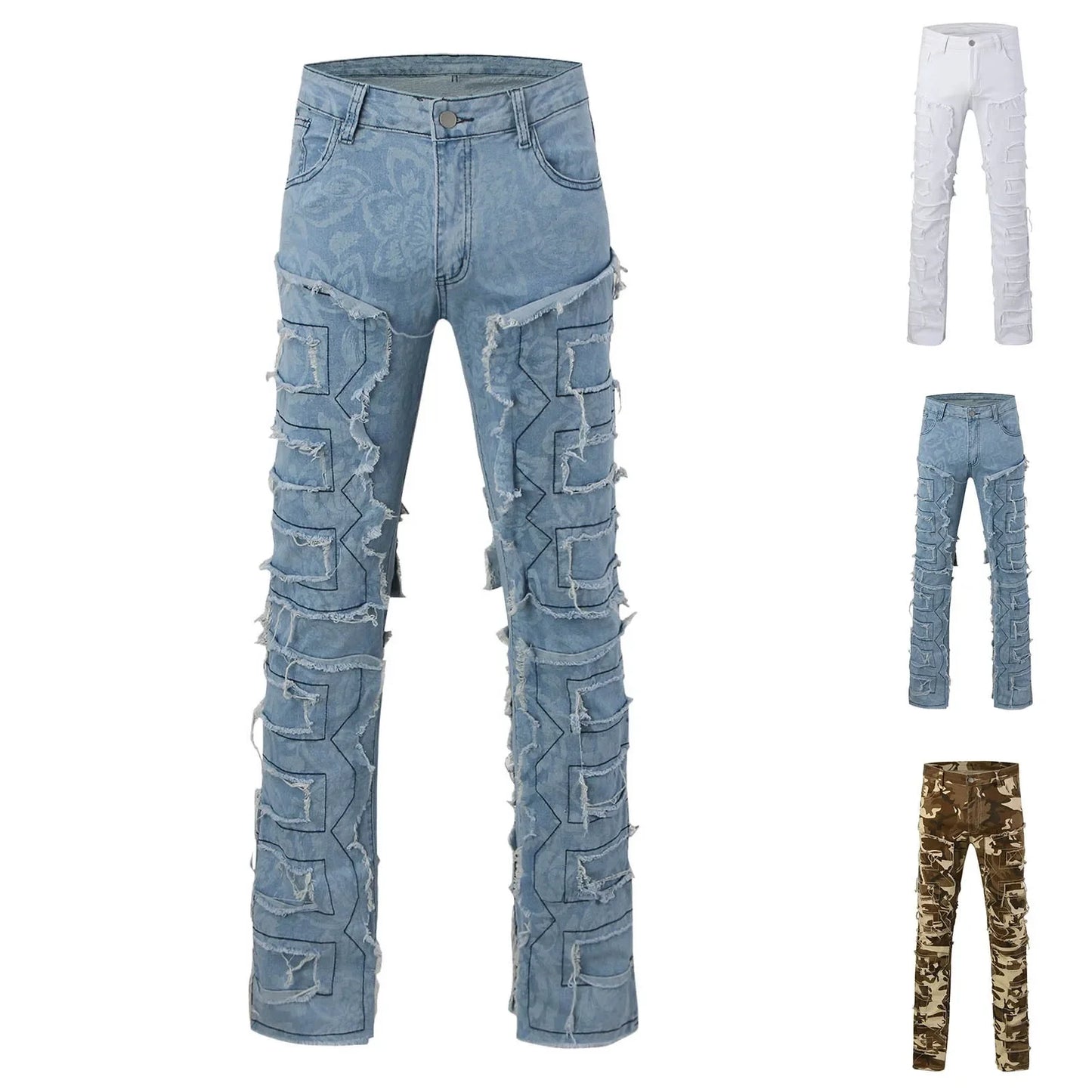 Creative Tassels Decoration Straight Fit Jeans Men Casual Medium Stretch Street Style Classic Man Straight Denim Wide-Leg Pants