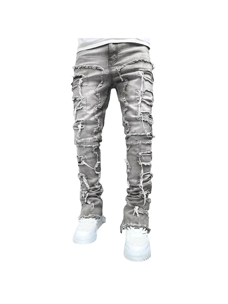 Stretchy Vintage Blue Stacked Jeans For Men Premium Raw Frayed Denim Destroyed Washed Patchworks Pants New