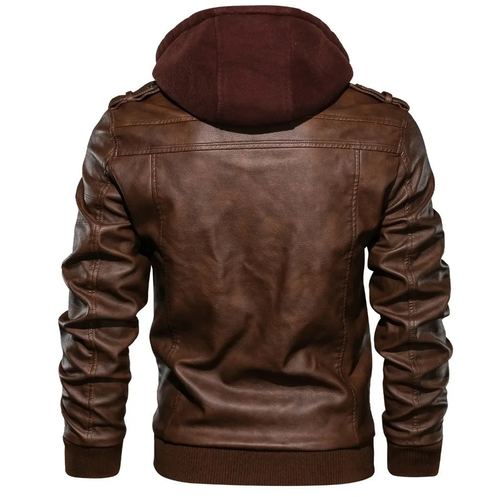 Male PU Hooded Collar Zipper Autumn Casual Slim Windbreaker Chaquetas Motorcycle Leather Jacket Men Winter Fleece Tactics Coat
