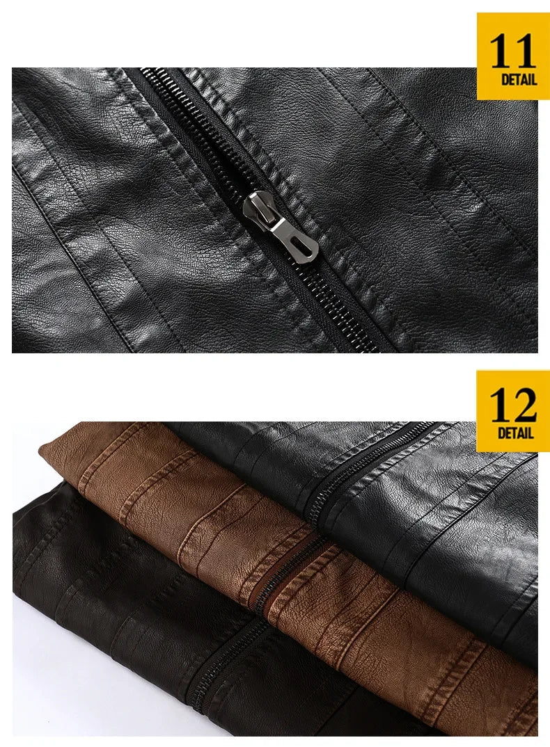 New Winter Mens Leather Jacket High Quality Standing Collar Warm Wool Lining Motorcycle Coat Male Slim Fit Retro Casual Jackets