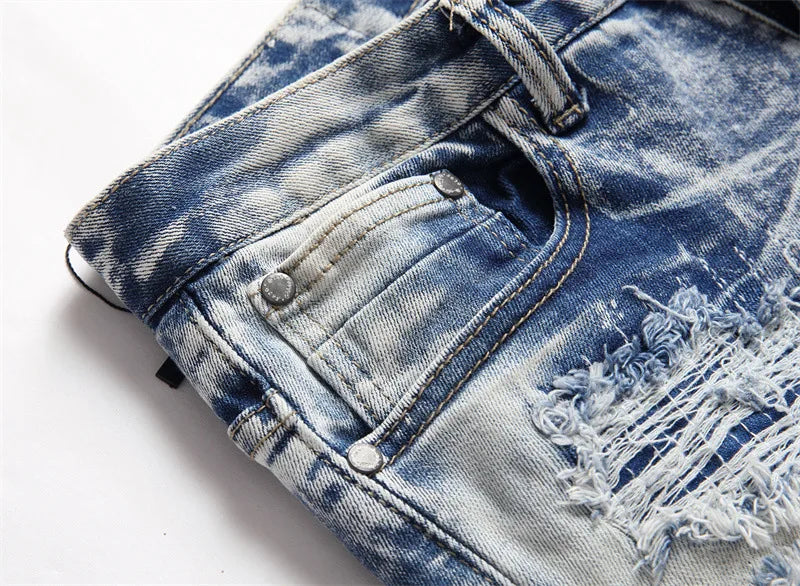 Men's jeans 3286 style Punk fried snow ripped applique fabric embroidery micro elastic small straight fit men's jeans