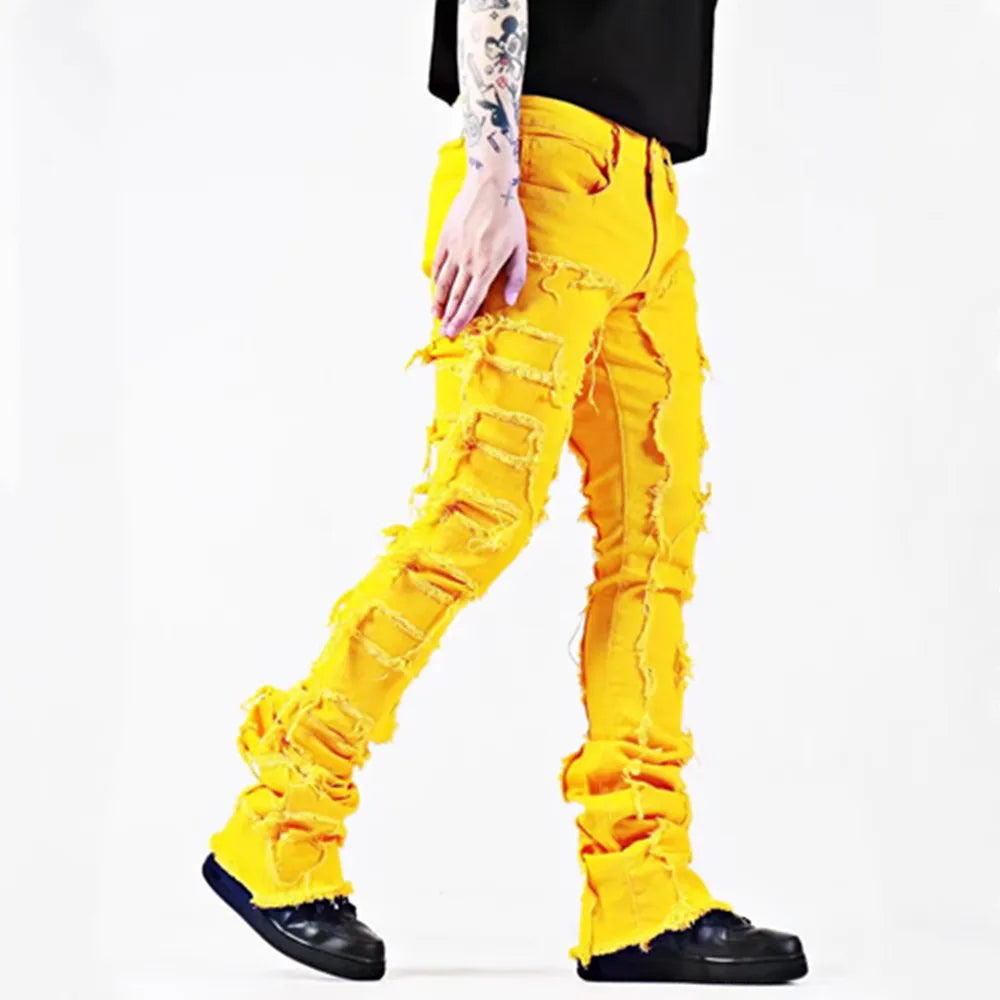 Kakan - New European and American Heavyweight Streetwise Stretch Patch Jeans for Men, High Street Straight Fit Long Jeans16-3001