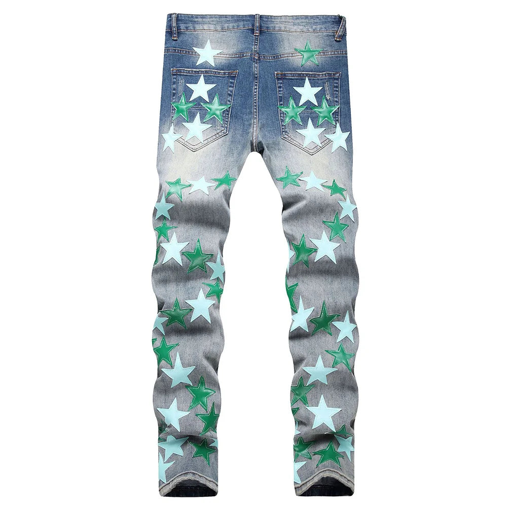 Men Leather Stars Patch Denim Jeans Streetwear Slim Tapered Pants Holes Ripped Distressed Stretch Cotton Trousers
