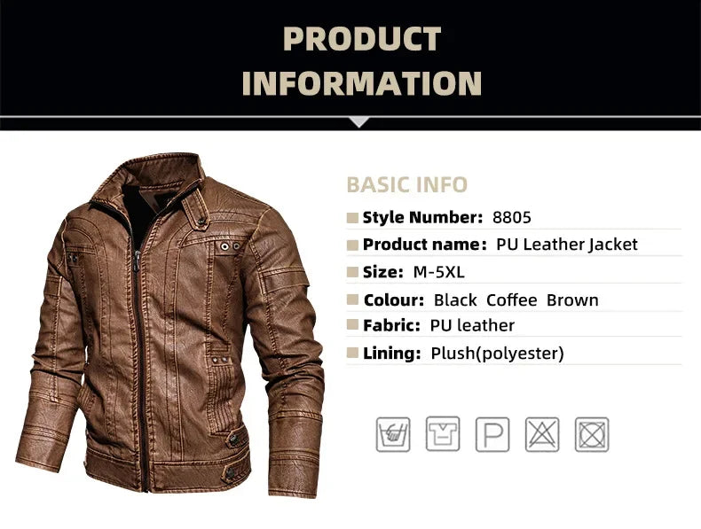 New Winter Mens Leather Jacket High Quality Standing Collar Warm Wool Lining Motorcycle Coat Male Slim Fit Retro Casual Jackets