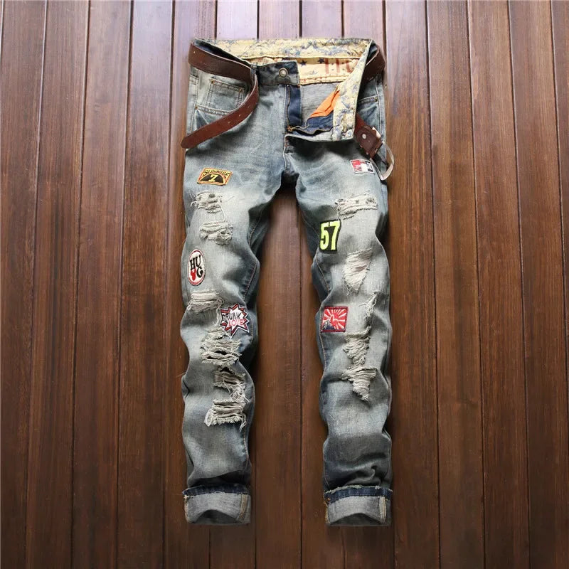 High Street Casual Motorcycle Jeans for Men (without Belt) Badge Distressed Straight-leg Slim-fit Ripped Denim Trousers Male