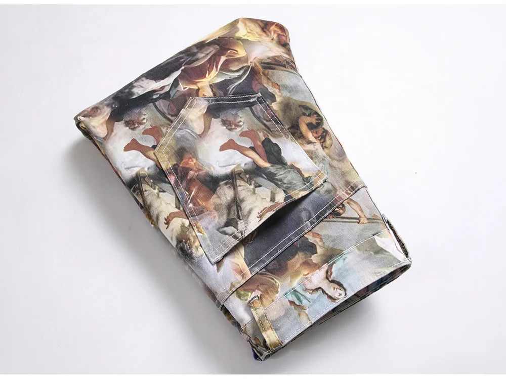Men Classical Painting Print Jeans Fashion Angel Immortal Stretch Pants Slim Tapered Denim Trousers