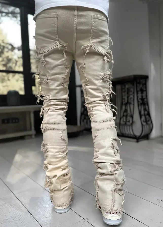 Stretchy Vintage Blue Stacked Jeans For Men Premium Raw Frayed Denim Destroyed Washed Patchworks Pants New