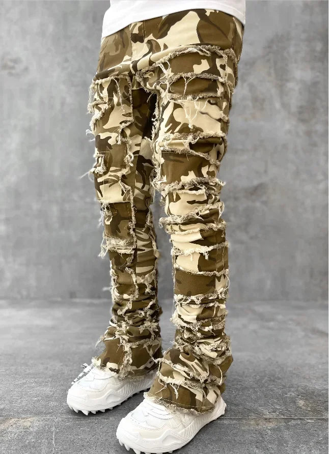 Stretchy Vintage Blue Stacked Jeans For Men Premium Raw Frayed Denim Destroyed Washed Patchworks Pants New