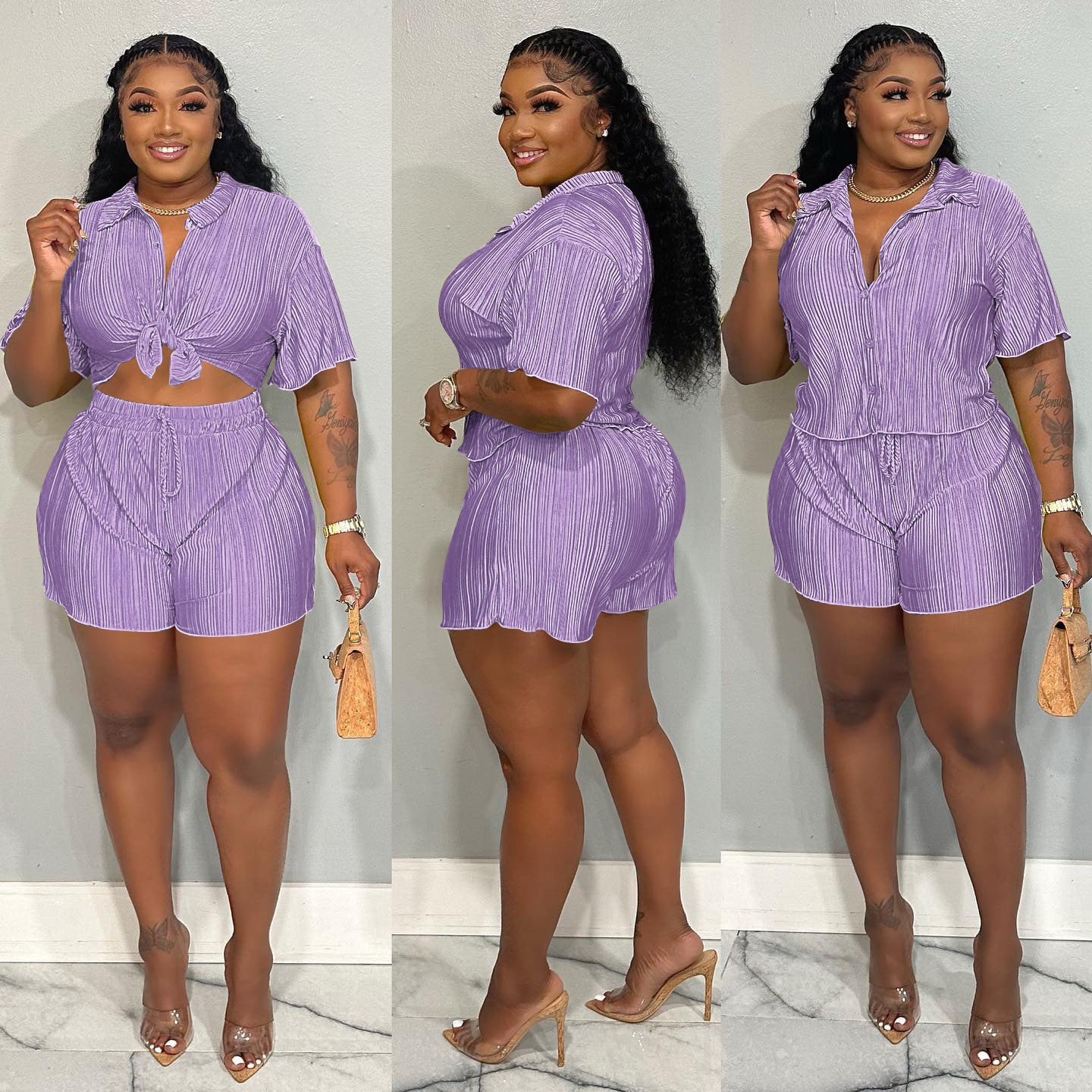 CM.YAYA Street Vintage Pleated Women's Set Short Sleeve Shirt Blouse and Shorts Suit 2023 INS Two 2 Piece Set Outfit Tracksuit