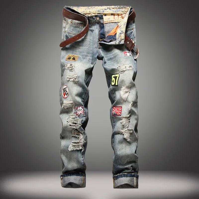 High Street Casual Motorcycle Jeans for Men (without Belt) Badge Distressed Straight-leg Slim-fit Ripped Denim Trousers Male
