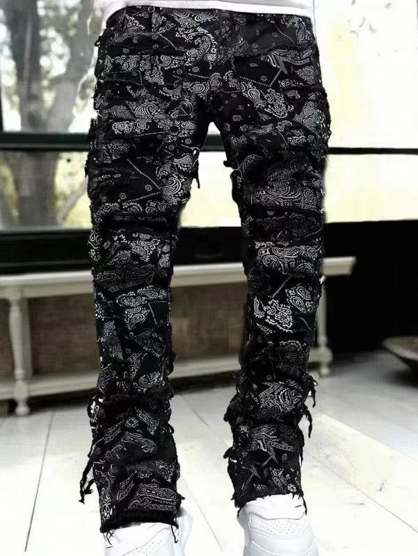 Kakan - New Men's Elastic Patch Jeans, Y2k Clothes Street Fashion Straight Leg Pants Long Jeans Jeans Man Brand