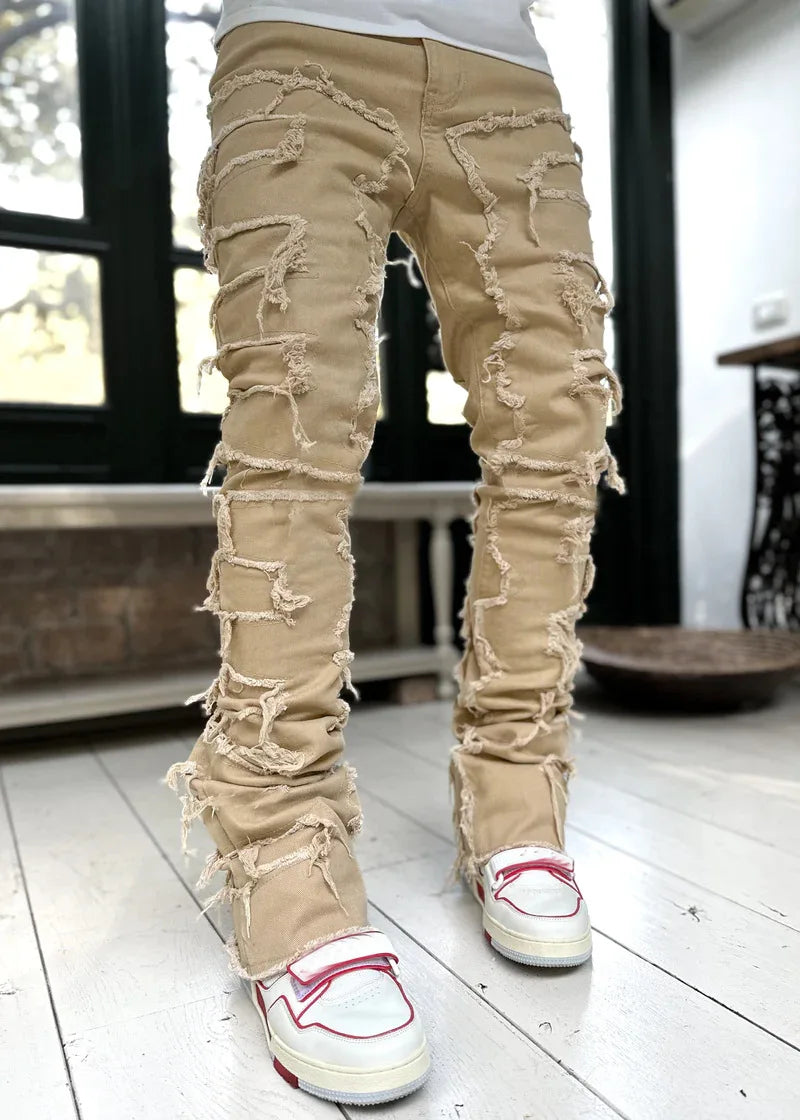 Kakan - New Men's Elastic Patch Jeans, Y2k Clothes Street Fashion Straight Leg Pants Long Jeans Jeans Man Brand