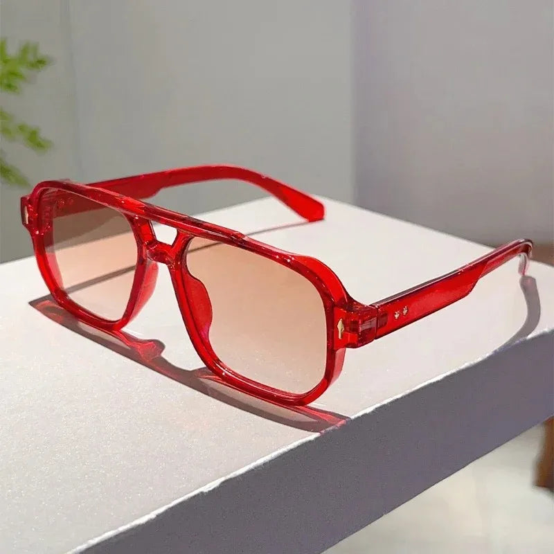 Vintage Double Bridges Men Square Sunglasses Fashion Green Ocean Lens UV400 Eyewear Women Trending Rivets Sun Glasses