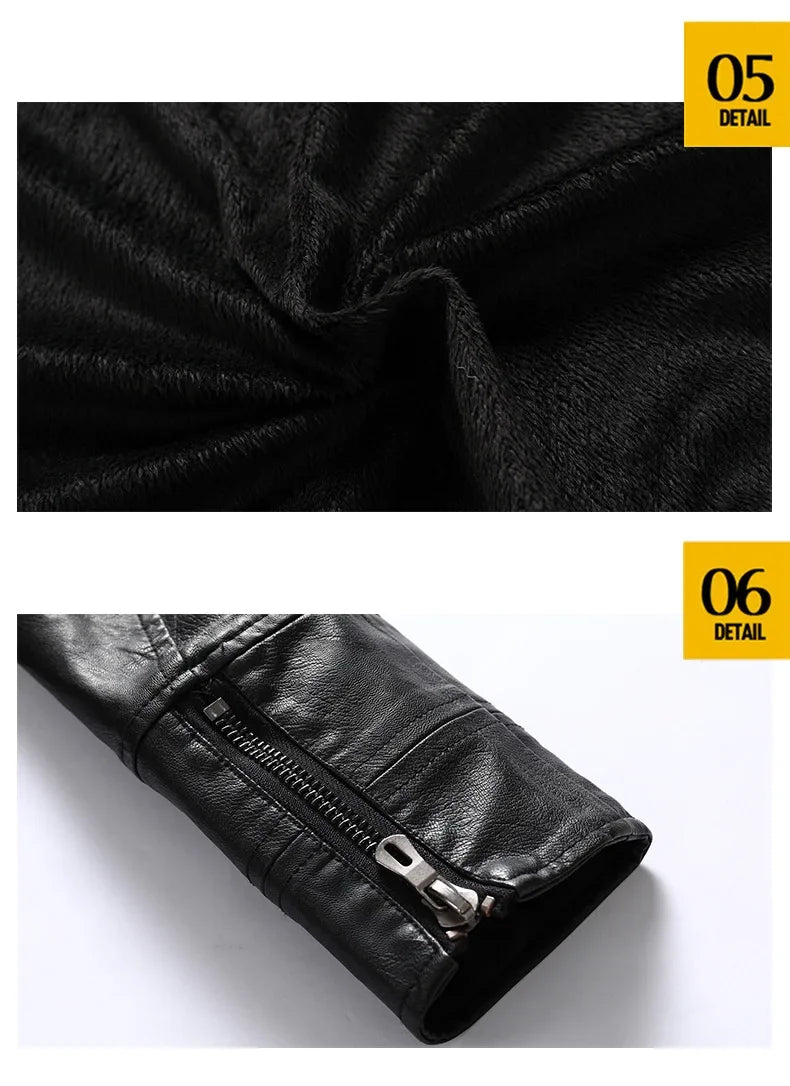 New Winter Mens Leather Jacket High Quality Standing Collar Warm Wool Lining Motorcycle Coat Male Slim Fit Retro Casual Jackets
