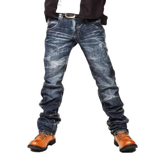 Men's Denning Jeans - Washing Blue Stack Denims Tears Streetwear for Man Clothes Classic Man Pants Rhinestones Baggy Clothing