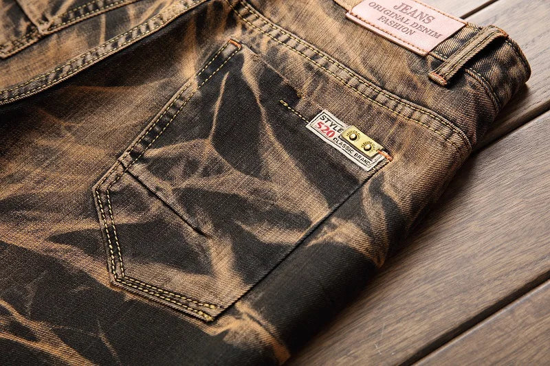 2025 Men's Fashion Vintage Jeans Slim Straight Leg Tie Dye Pleated Biker Denim Pants Male Casual Pants Oversized 42 High Quality